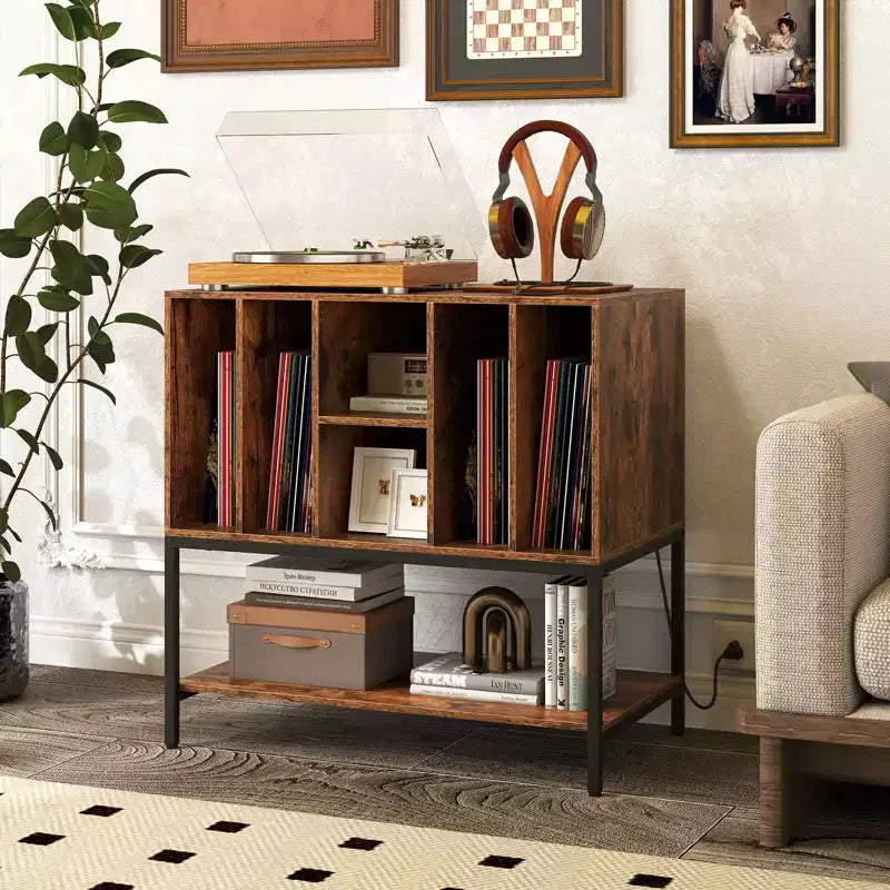 Meuble pour platine vinyle avec station de recharge, rangement pour vinyles, étagères, cadre métallique