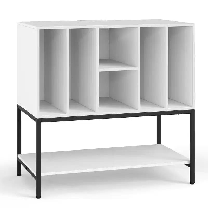 Meuble pour platine vinyle avec station de recharge, rangement pour vinyles, étagères, cadre métallique