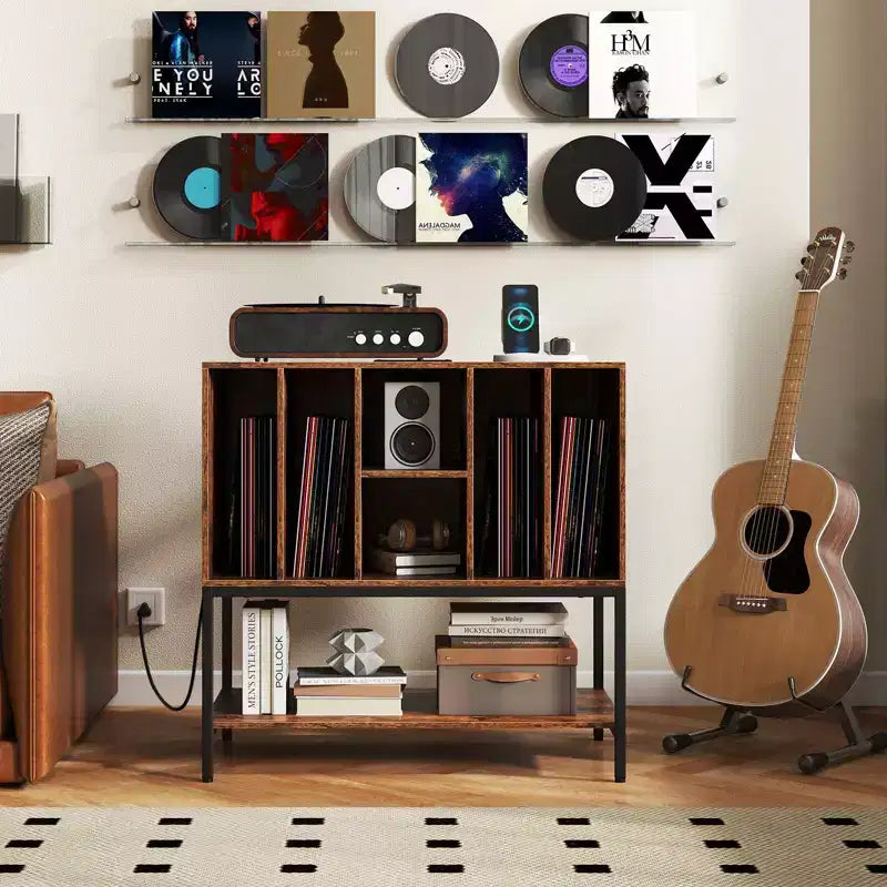 Meuble pour platine vinyle avec station de recharge, rangement pour vinyles, étagères, cadre métallique