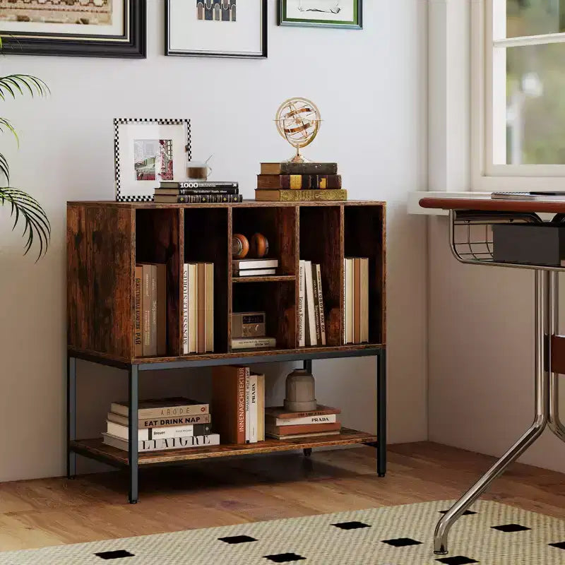 Meuble pour platine vinyle avec station de recharge, rangement pour vinyles, étagères, cadre métallique