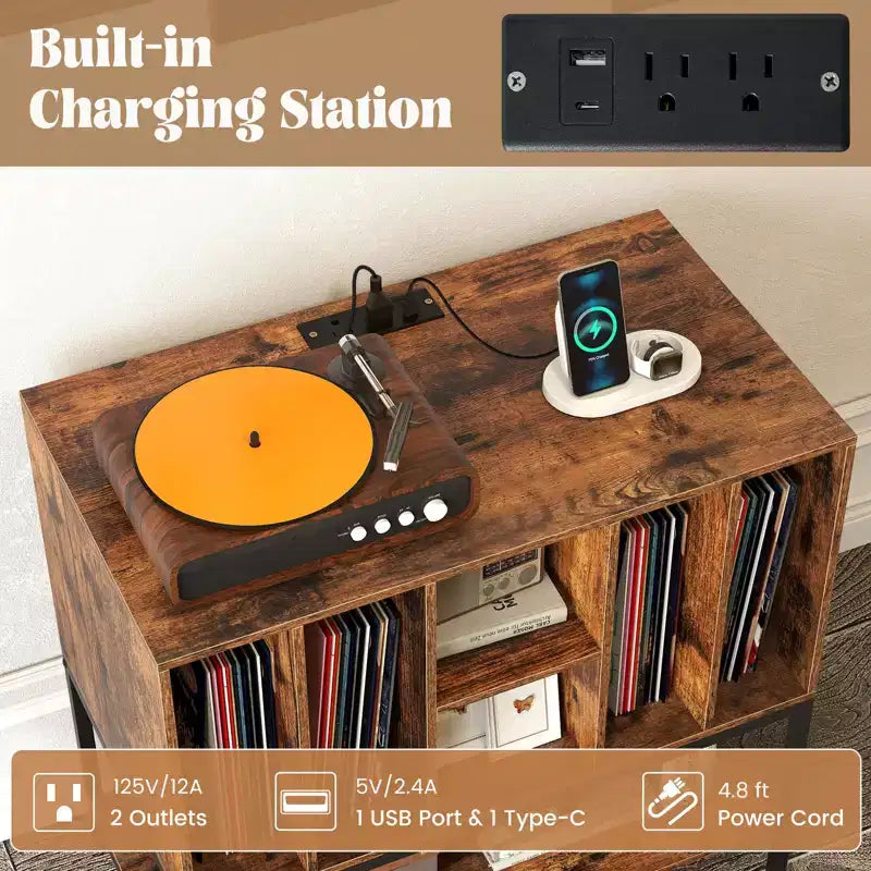 Meuble pour platine vinyle avec station de recharge, rangement pour vinyles, étagères, cadre métallique