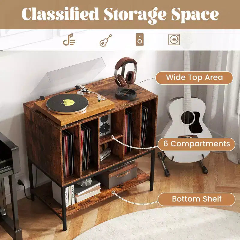 Meuble pour platine vinyle avec station de recharge, rangement pour vinyles, étagères, cadre métallique