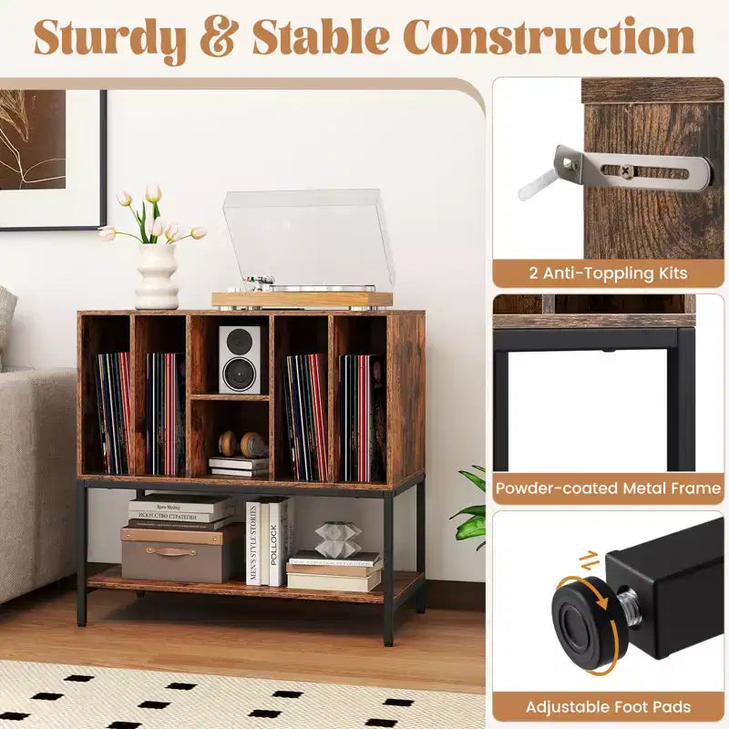 Meuble pour platine vinyle avec station de recharge, rangement pour vinyles, étagères, cadre métallique