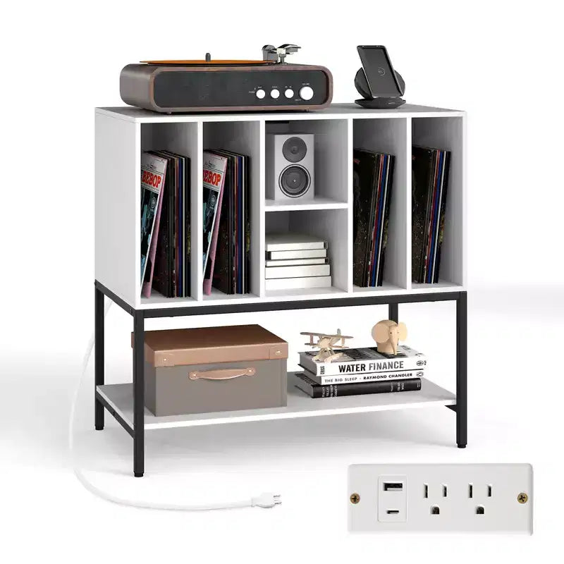 Meuble pour platine vinyle avec station de recharge, rangement pour vinyles, étagères, cadre métallique
