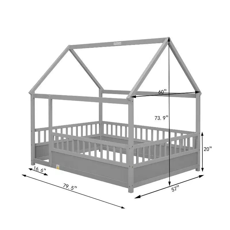 Lit au sol pour tout-petit grandeur nature avec cadre de toit en forme de maison et clôture, lit Montessori moderne avec barrières de sécurité pour chambre à coucher