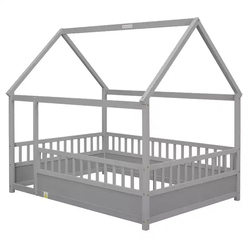 Lit au sol pour tout-petit grandeur nature avec cadre de toit en forme de maison et clôture, lit Montessori moderne avec barrières de sécurité pour chambre à coucher
