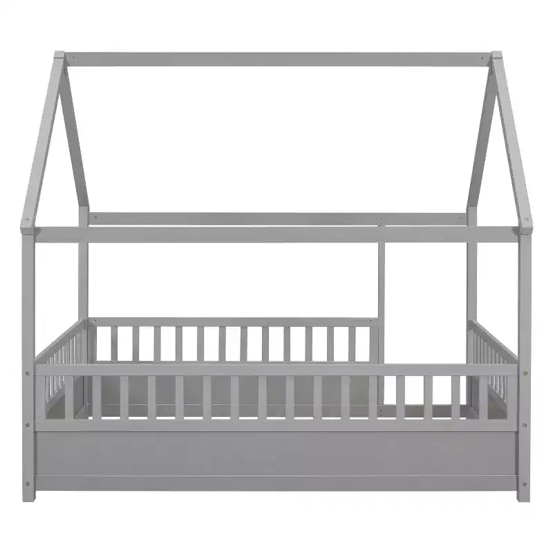 Lit au sol pour tout-petit grandeur nature avec cadre de toit en forme de maison et clôture, lit Montessori moderne avec barrières de sécurité pour chambre à coucher
