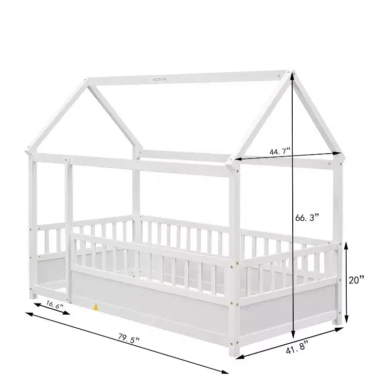 Lit au sol pour tout-petit grandeur nature avec cadre de toit en forme de maison et clôture, lit Montessori moderne avec barrières de sécurité pour chambre à coucher