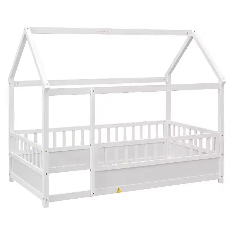Lit au sol pour tout-petit grandeur nature avec cadre de toit en forme de maison et clôture, lit Montessori moderne avec barrières de sécurité pour chambre à coucher