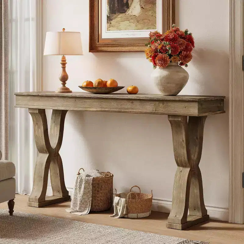 Table console en bois massif de 63 pouces, table d'entrée étroite de style rustique avec pieds en X pour le salon, le couloir ou l'entrée, montage facile