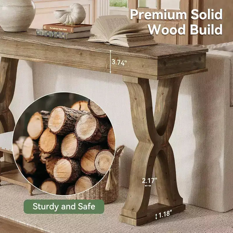 Table console en bois massif de 63 pouces, table d'entrée étroite de style rustique avec pieds en X pour le salon, le couloir ou l'entrée, montage facile