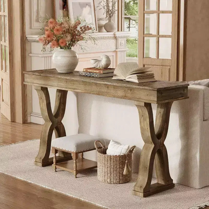 Table console en bois massif de 63 pouces, table d'entrée étroite de style rustique avec pieds en X pour le salon, le couloir ou l'entrée, montage facile