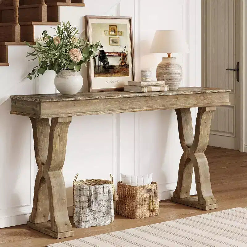 Table console en bois massif de 63 pouces, table d'entrée étroite de style rustique avec pieds en X pour le salon, le couloir ou l'entrée, montage facile