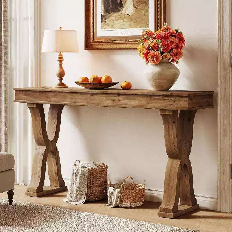 Table console en bois massif de 63 pouces, table d'entrée étroite de style rustique avec pieds en X pour le salon, le couloir ou l'entrée, montage facile