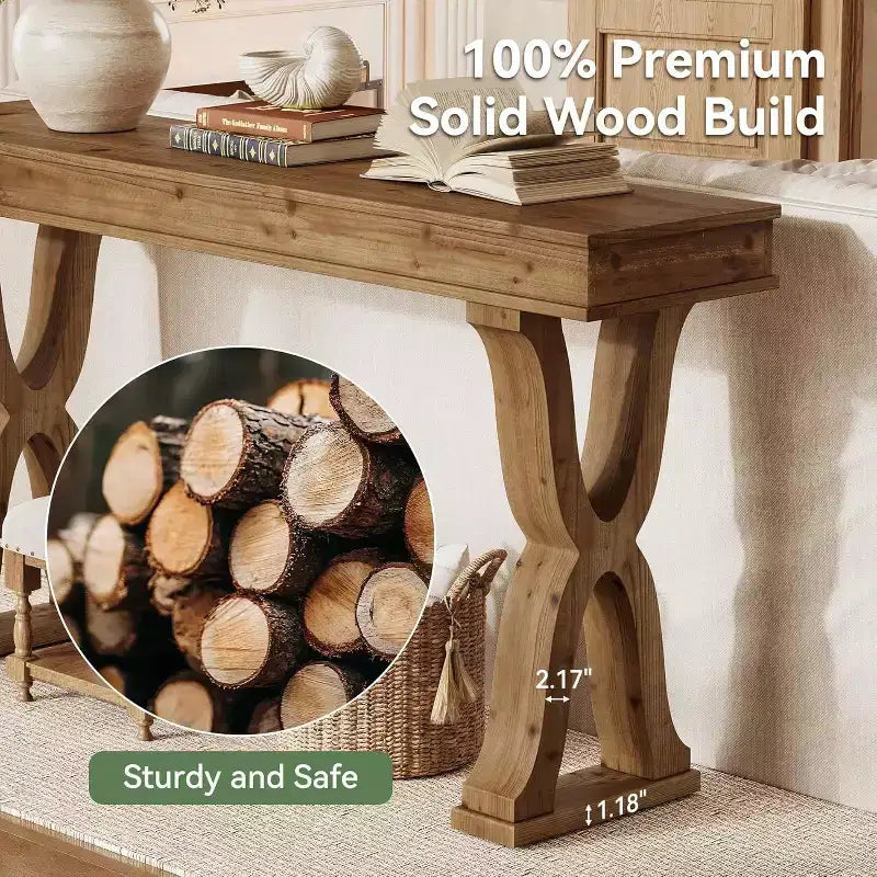 Table console en bois massif de 63 pouces, table d'entrée étroite de style rustique avec pieds en X pour le salon, le couloir ou l'entrée, montage facile