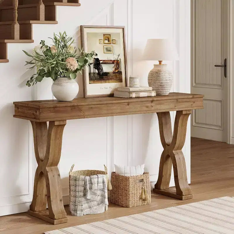 Table console en bois massif de 63 pouces, table d'entrée étroite de style rustique avec pieds en X pour le salon, le couloir ou l'entrée, montage facile