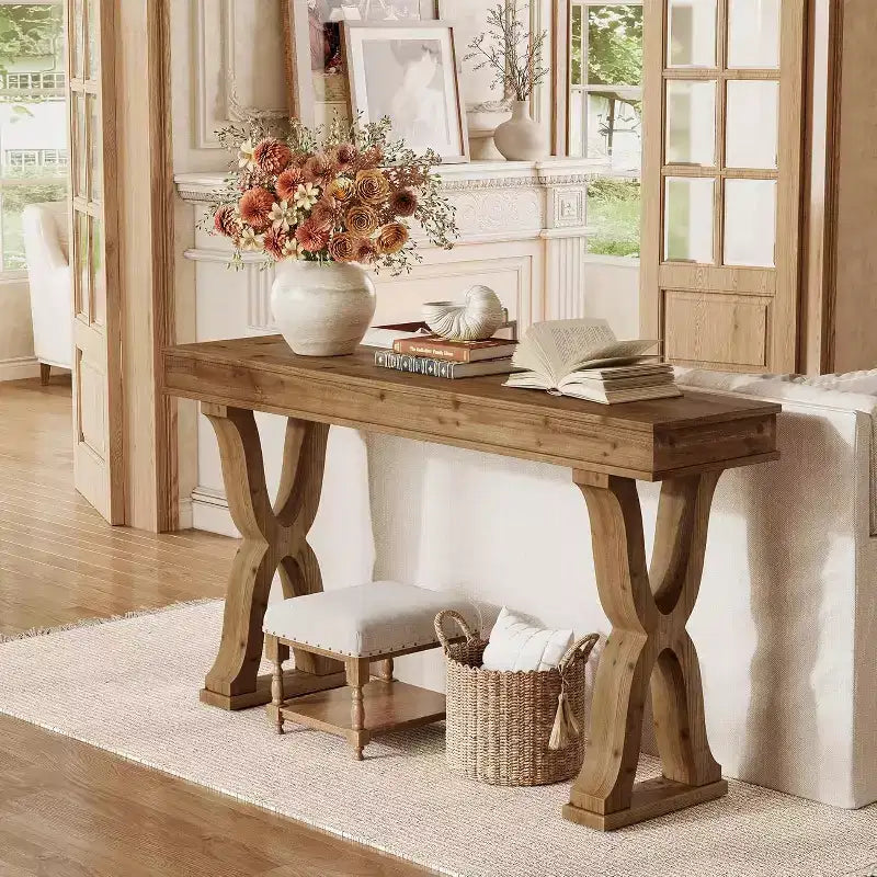 Table console en bois massif de 63 pouces, table d'entrée étroite de style rustique avec pieds en X pour le salon, le couloir ou l'entrée, montage facile