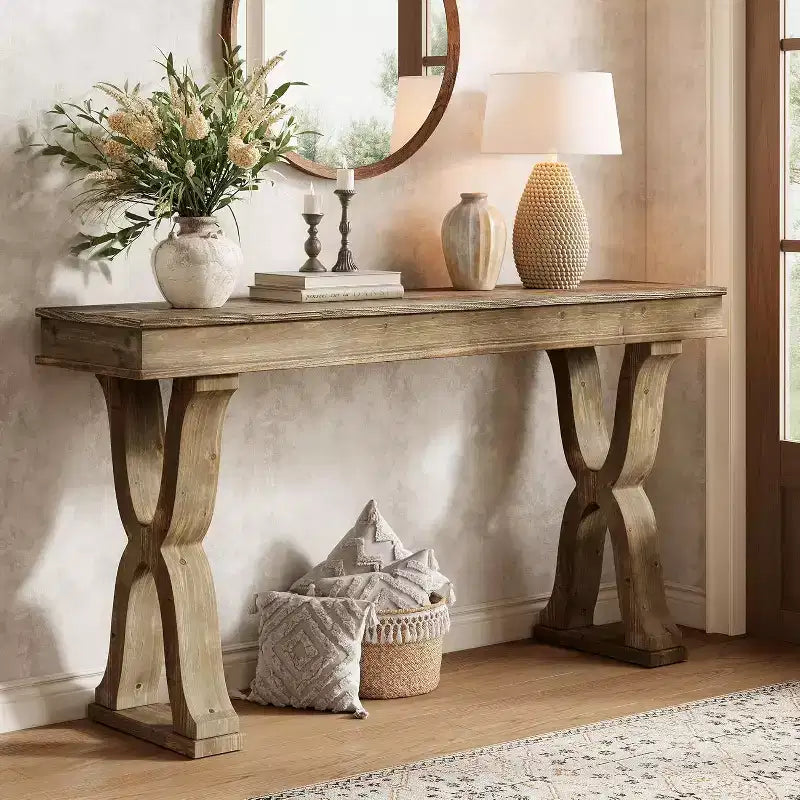 Table console en bois massif de 63 pouces, table d'entrée étroite de style rustique avec pieds en X pour le salon, le couloir ou l'entrée, montage facile