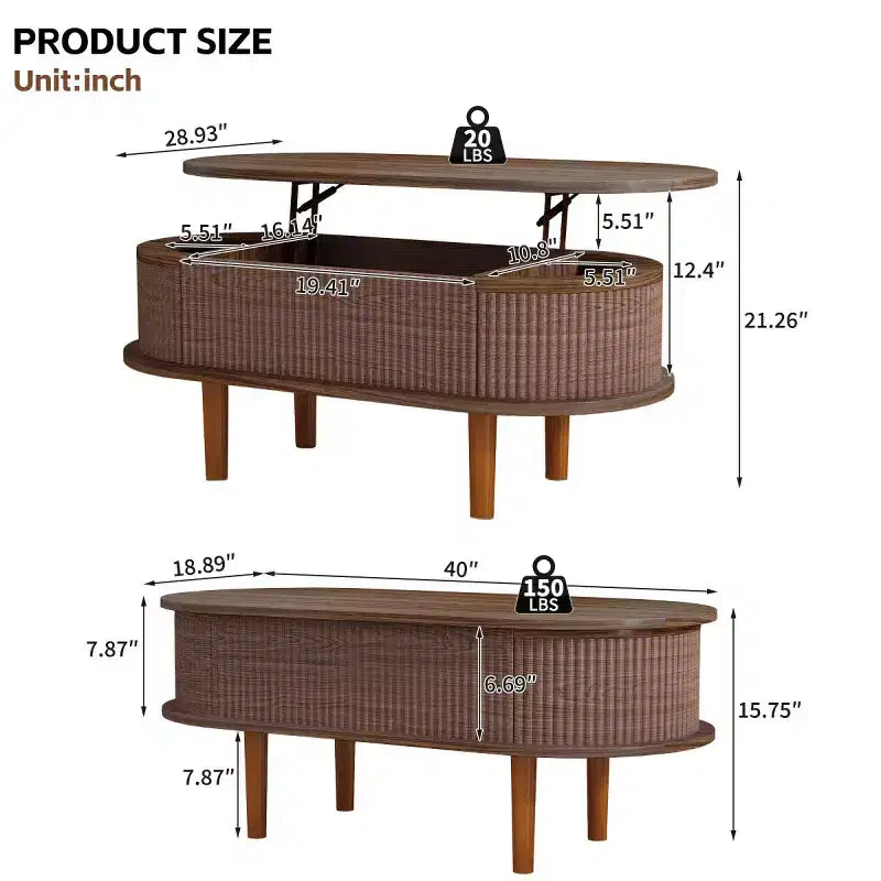 Table basse relevable avec compartiment de rangement caché et étagère inférieure, table de centre moderne en bois pour salon
