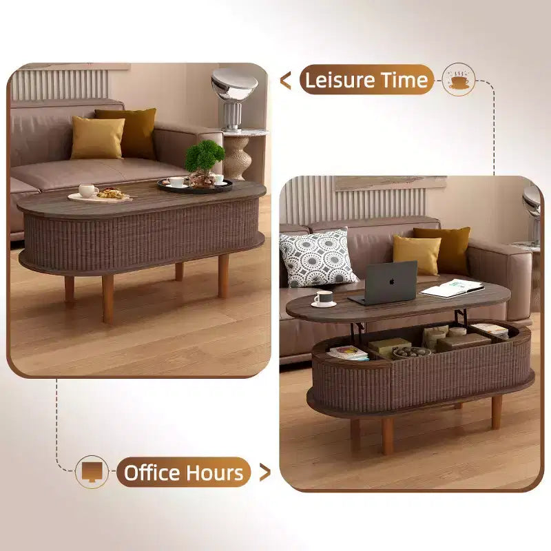 Table basse relevable avec compartiment de rangement caché et étagère inférieure, table de centre moderne en bois pour salon