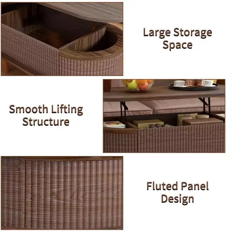 Table basse relevable avec compartiment de rangement caché et étagère inférieure, table de centre moderne en bois pour salon