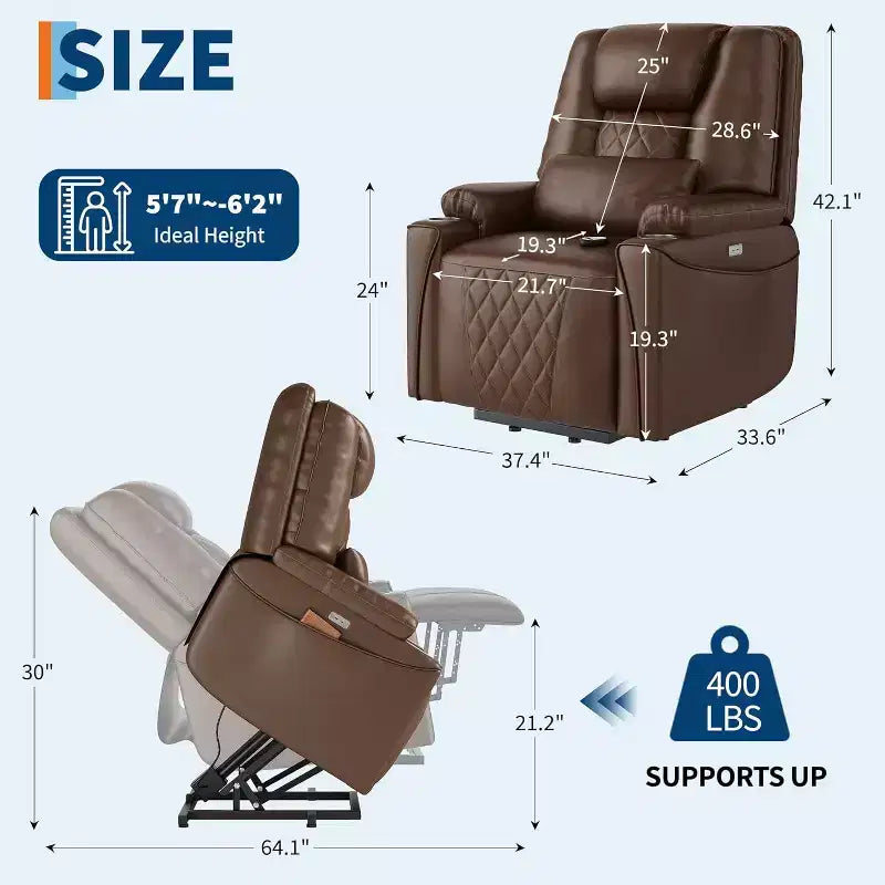Fauteuil inclinable releveur électrique, Canapé en cuir PU avec ports de charge, porte-gobelets, assistance électrique pour se lever, télécommande, marron