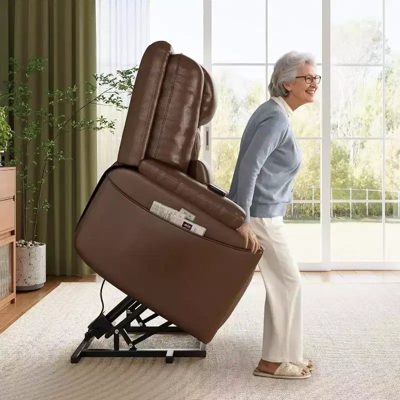 Fauteuil inclinable releveur électrique, Canapé en cuir PU avec ports de charge, porte-gobelets, assistance électrique pour se lever, télécommande, marron