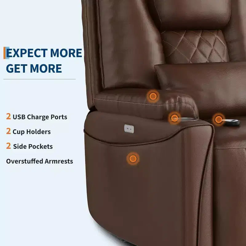 Fauteuil inclinable releveur électrique, Canapé en cuir PU avec ports de charge, porte-gobelets, assistance électrique pour se lever, télécommande, marron