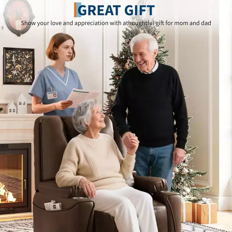 Fauteuil inclinable releveur électrique, Canapé en cuir PU avec ports de charge, porte-gobelets, assistance électrique pour se lever, télécommande, marron