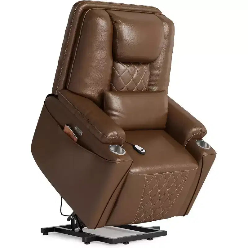 Fauteuil inclinable releveur électrique, Canapé en cuir PU avec ports de charge, porte-gobelets, assistance électrique pour se lever, télécommande, marron