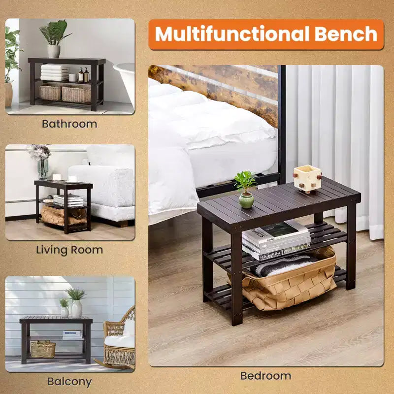 Banc à chaussures 3 niveaux en bambou, organiseur de rangement compact, capacité de 130 kg, convient pour l'entrée, la chambre, le salon, le balcon