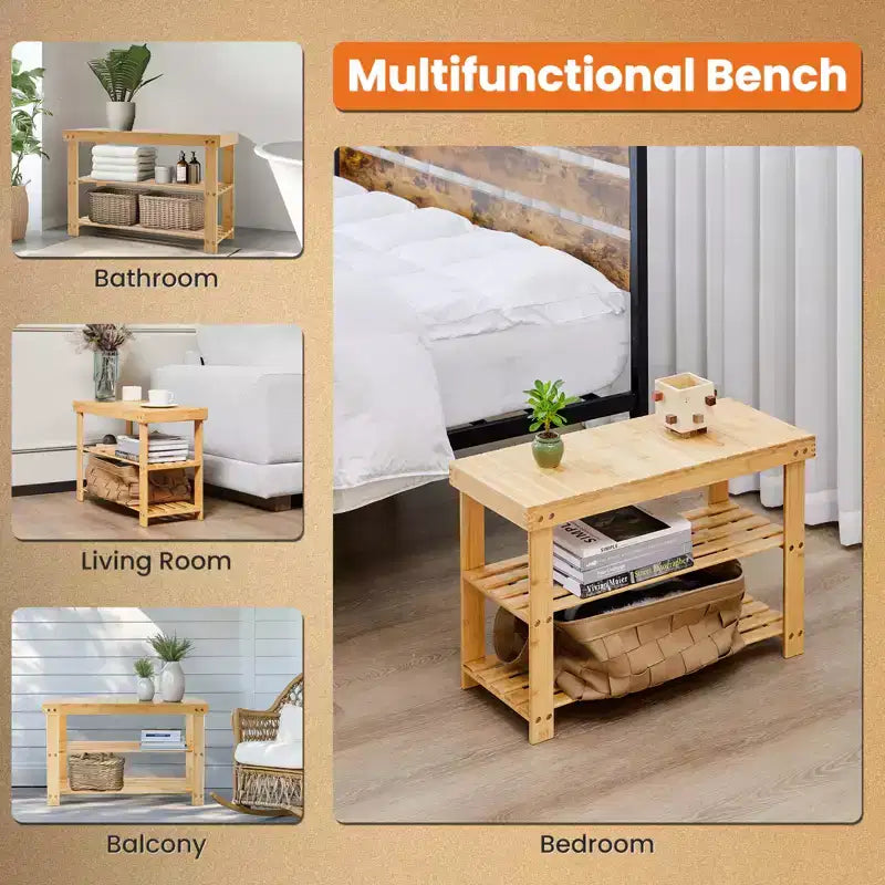 Banc à chaussures 3 niveaux en bambou, organiseur de rangement compact, capacité de 130 kg, convient pour l'entrée, la chambre, le salon, le balcon