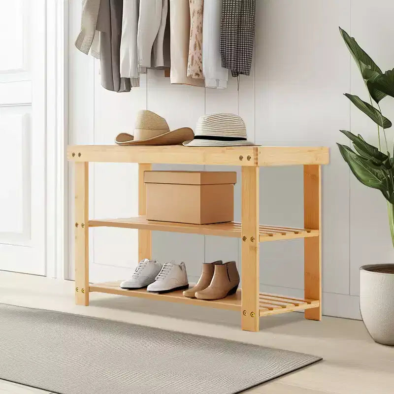 Banc à chaussures 3 niveaux en bambou, organiseur de rangement compact, capacité de 130 kg, convient pour l'entrée, la chambre, le salon, le balcon