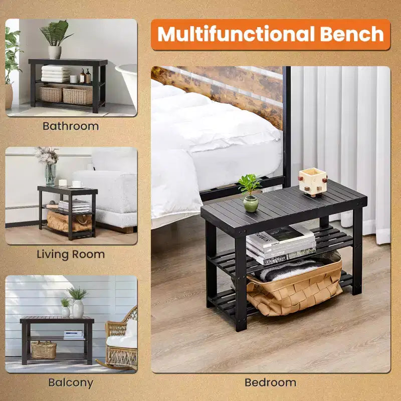 Banc à chaussures 3 niveaux en bambou, organiseur de rangement compact, capacité de 130 kg, convient pour l'entrée, la chambre, le salon, le balcon
