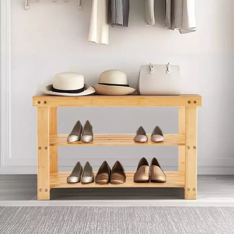 Banc à chaussures 3 niveaux en bambou, organiseur de rangement compact, capacité de 130 kg, convient pour l'entrée, la chambre, le salon, le balcon