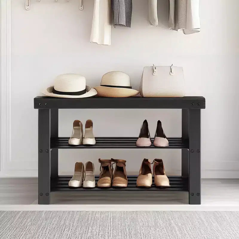 Banc à chaussures 3 niveaux en bambou, organiseur de rangement compact, capacité de 130 kg, convient pour l'entrée, la chambre, le salon, le balcon