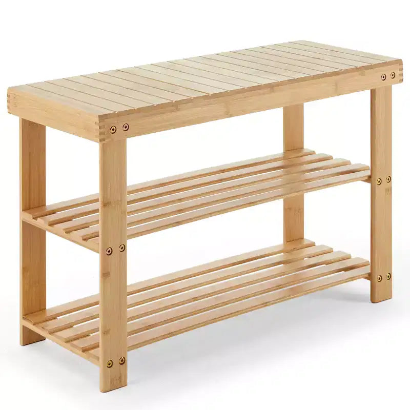 Banc à chaussures 3 niveaux en bambou, organiseur de rangement compact, capacité de 130 kg, convient pour l'entrée, la chambre, le salon, le balcon