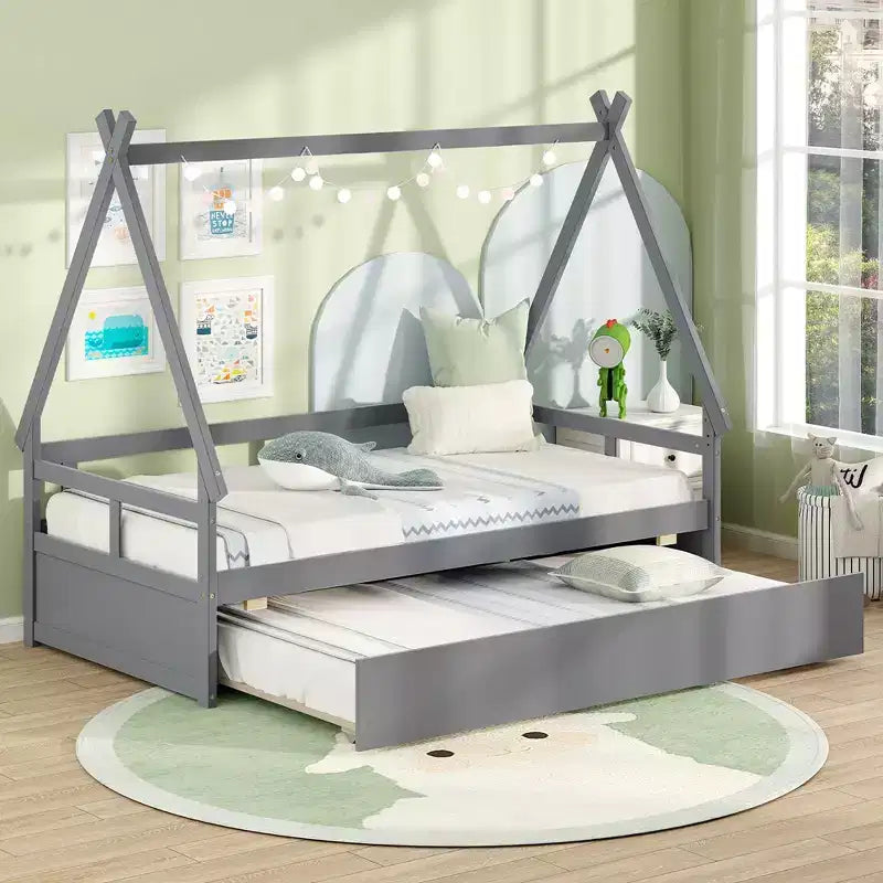Lit cabane double avec lit gigogne, toit et barrière de sécurité, support à lattes en bois, gris