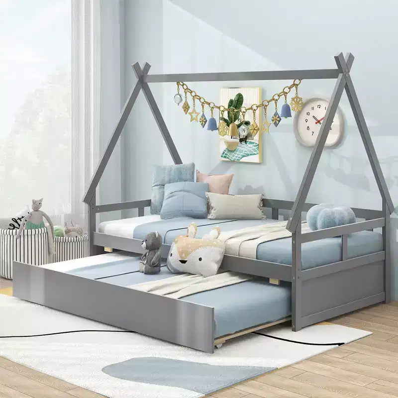 Lit cabane double avec lit gigogne, toit et barrière de sécurité, support à lattes en bois, gris