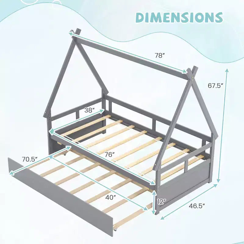 Lit cabane double avec lit gigogne, toit et barrière de sécurité, support à lattes en bois, gris