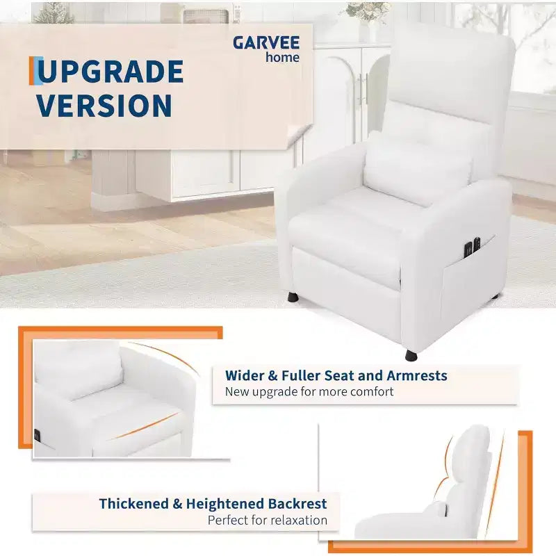 Fauteuil inclinable électrique avec massage et chauffage, inclinable ergonomique en cuir PU surdimensionné, 2 poches latérales et port USB