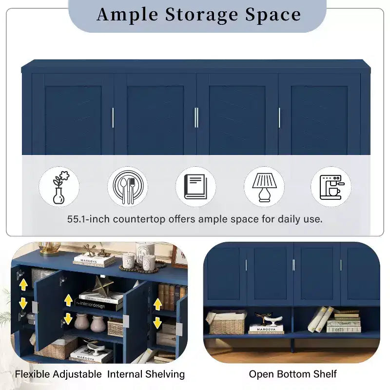 Buffet moderne à deux niveaux, 4 portes, armoire de rangement pour salle à manger, salon, armoires de cuisine avec étagères ouvertes