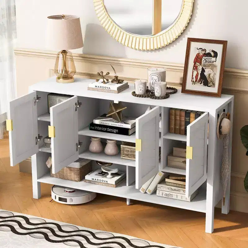 Buffet moderne à deux niveaux, 4 portes, armoire de rangement pour salle à manger, salon, armoires de cuisine avec étagères ouvertes
