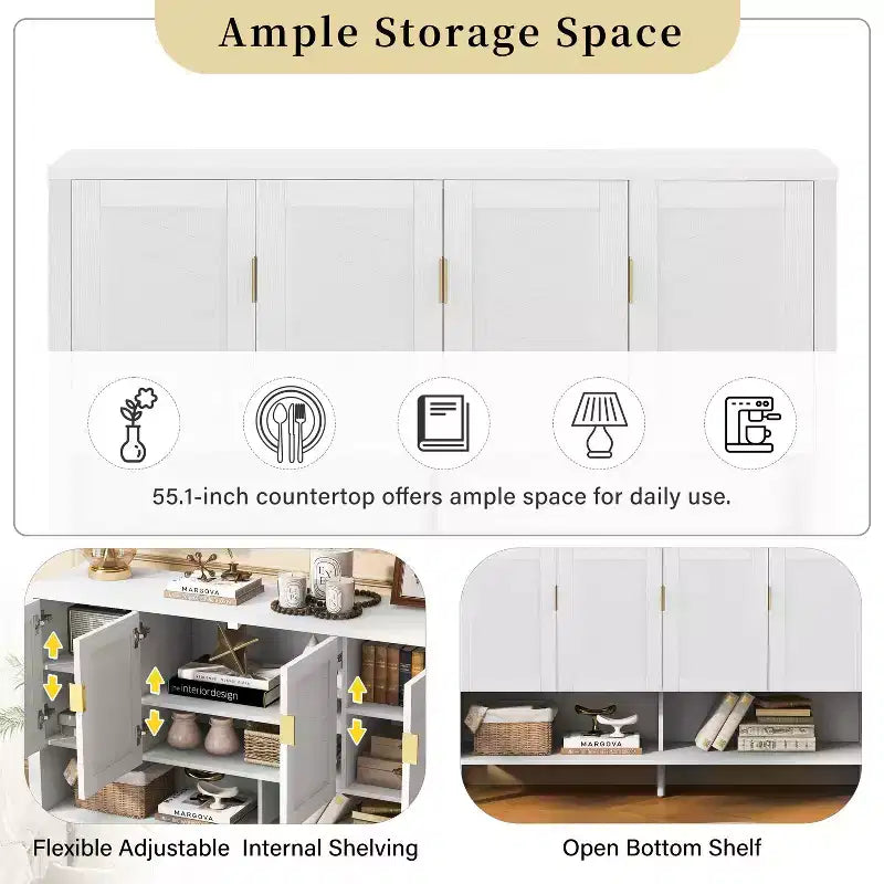 Buffet moderne à deux niveaux, 4 portes, armoire de rangement pour salle à manger, salon, armoires de cuisine avec étagères ouvertes