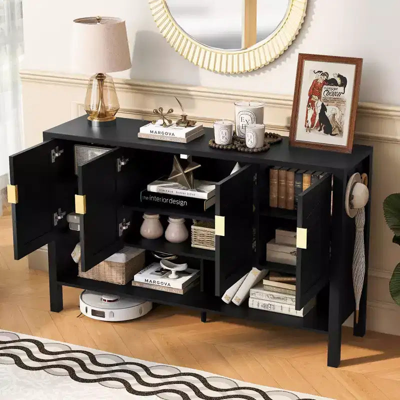 Buffet moderne à deux niveaux, 4 portes, armoire de rangement pour salle à manger, salon, armoires de cuisine avec étagères ouvertes