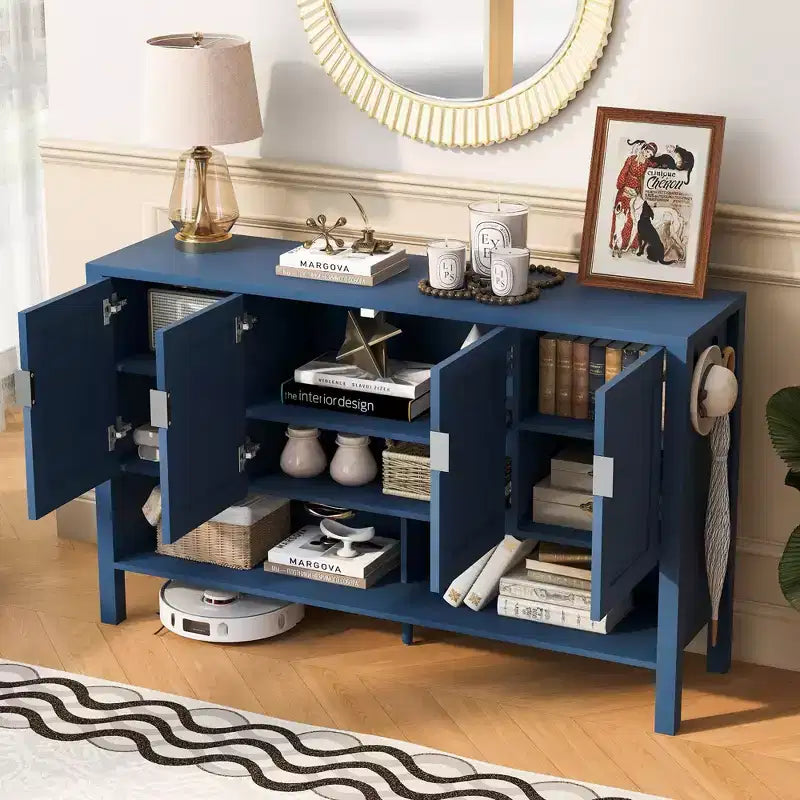 Buffet moderne à deux niveaux, 4 portes, armoire de rangement pour salle à manger, salon, armoires de cuisine avec étagères ouvertes