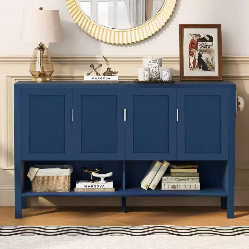 Buffet moderne à deux niveaux, 4 portes, armoire de rangement pour salle à manger, salon, armoires de cuisine avec étagères ouvertes