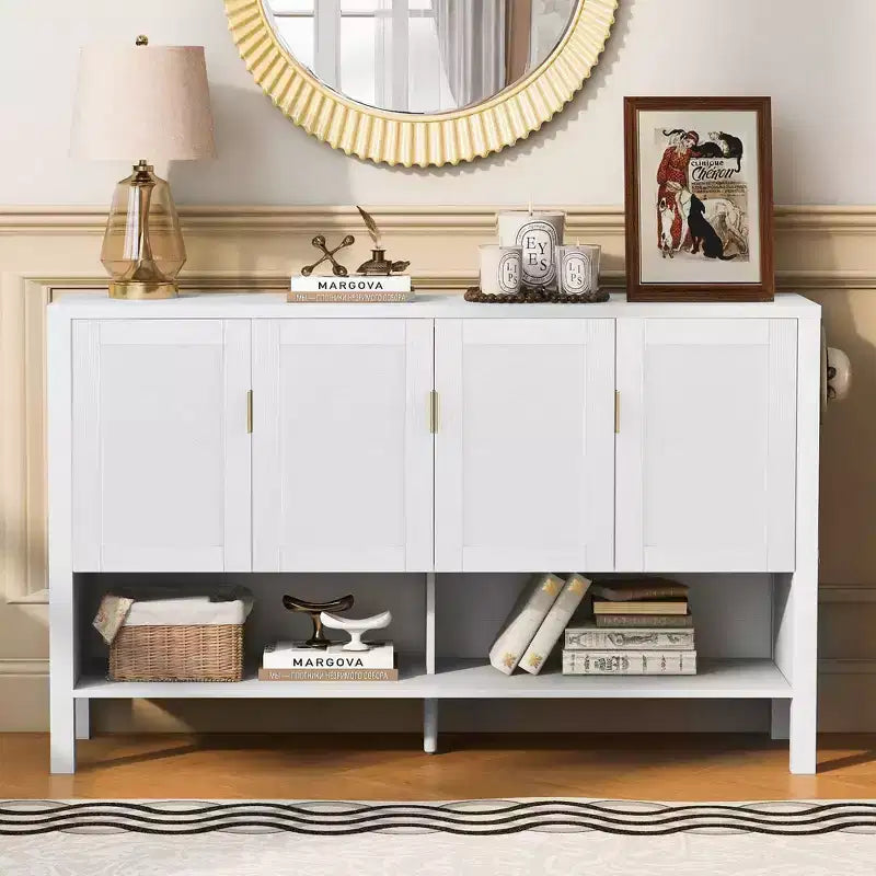 Buffet moderne à deux niveaux, 4 portes, armoire de rangement pour salle à manger, salon, armoires de cuisine avec étagères ouvertes