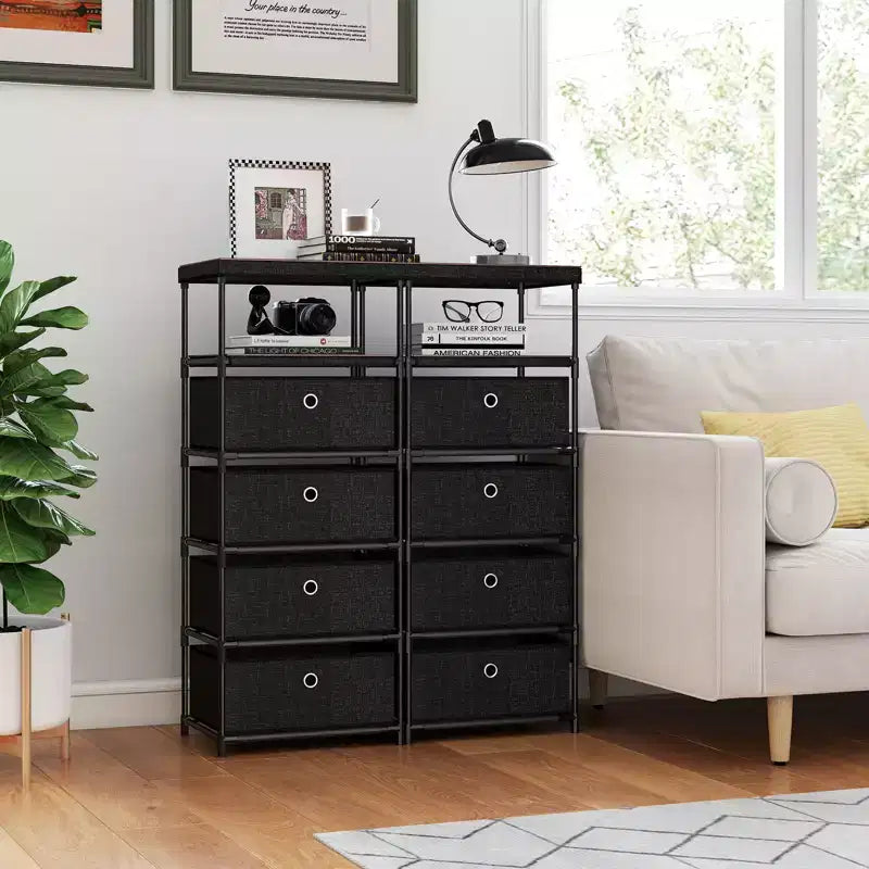 Commode à 4 tiroirs avec étagère et bacs en tissu, tour de rangement industrielle