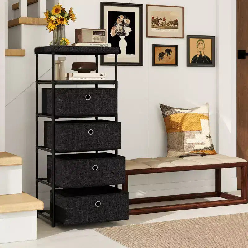Commode à 4 tiroirs avec étagère et bacs en tissu, tour de rangement industrielle